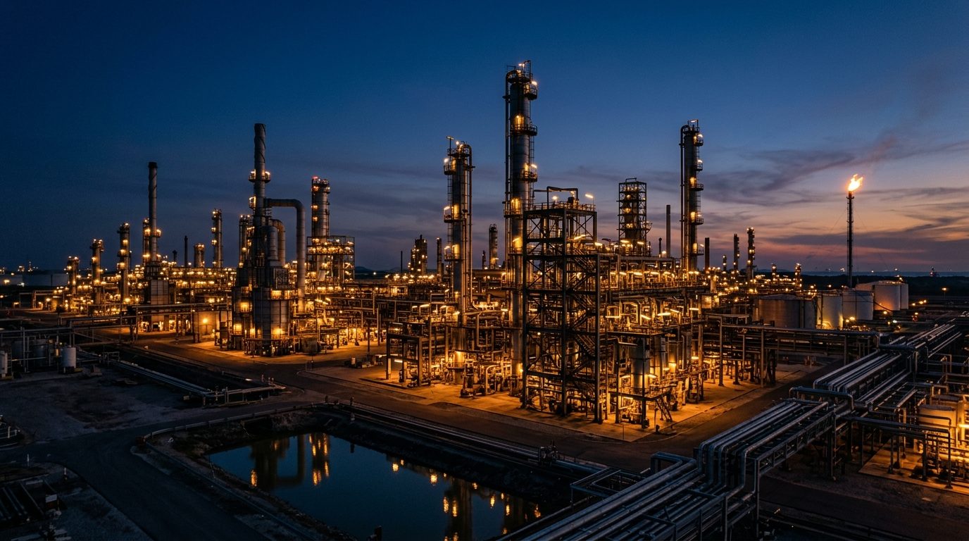 Нефтеперерабатывающий завод в сумерках