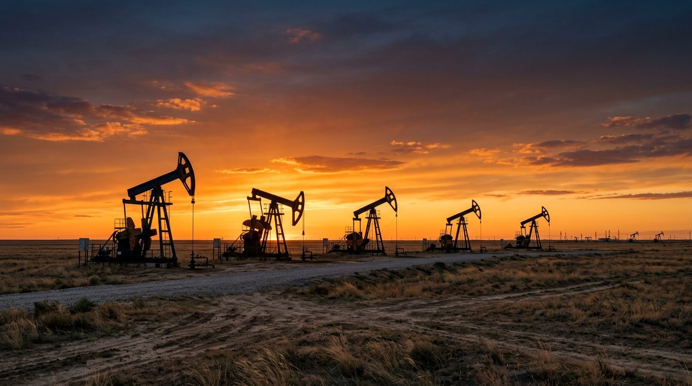 Нефтяные качалки в степи на закате